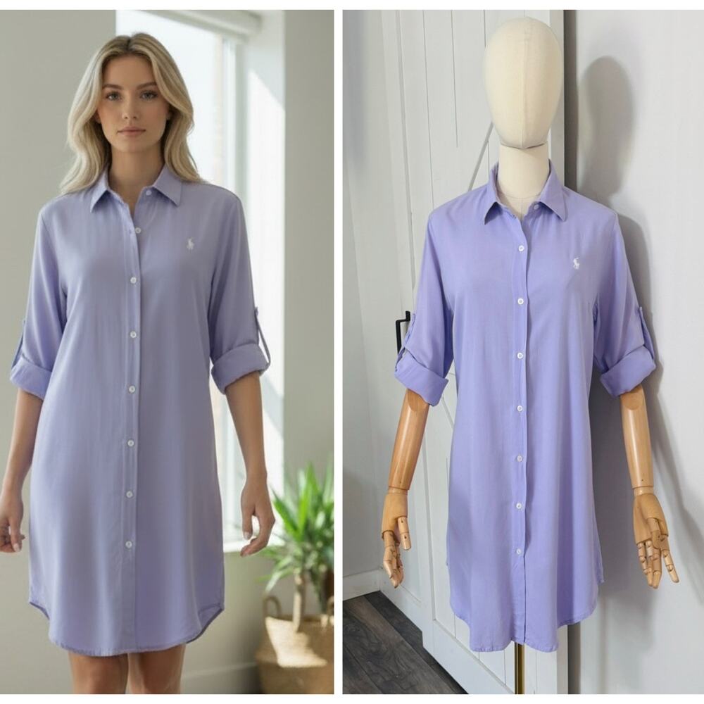 Ralph Lauren Size M Lavender 100% Linen Button Down Shirt Dress Roll Tab Sleeve